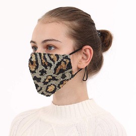 Yheakne Sequin Bling Anti-Dust Mouth Guard with Adjustable Ear Loops Neck Strap Clip for Women Glitter Decorative Fabric Cover Washable Reusable (Gold Leopard)