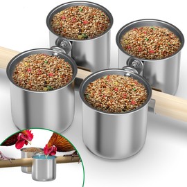 Forestchill Chicken Feeding Cups, Stainless Steel Hanging Feeder Cups for Chicken, Pack of 2 Double Cups Food Water Cage Bowls with Clamp Holder, Chicken Roosting Perches Accessories