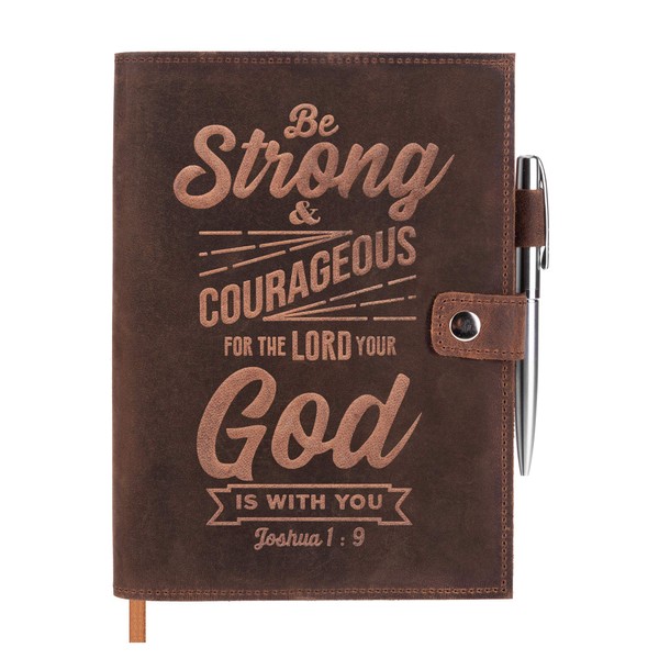 moonster Refillable Leather Journal Lined Notebook – Journals for Men w/Joshua 1v9 Embossed Bible Verse – Leather Notebook with Pen Holder - Includes 320 Pages Milled A5 Ruled Paper & Luxury Pen