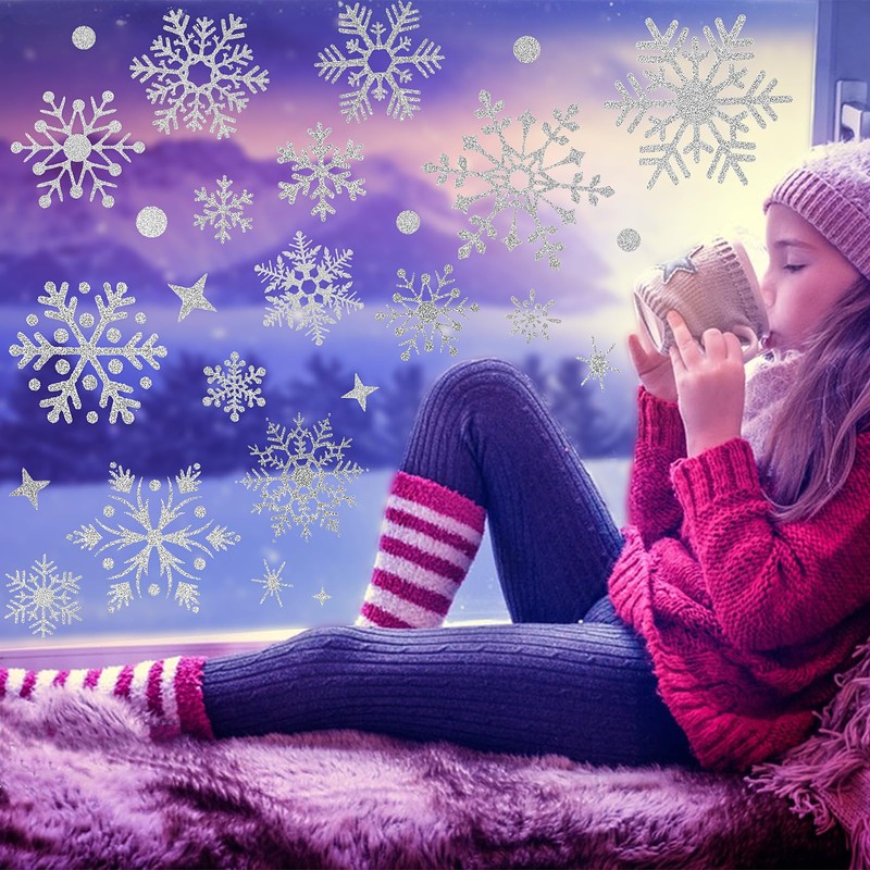 Topeedy 9 Sheets Silver Snowflake Window Stickers,Reusuable Large Silver Window