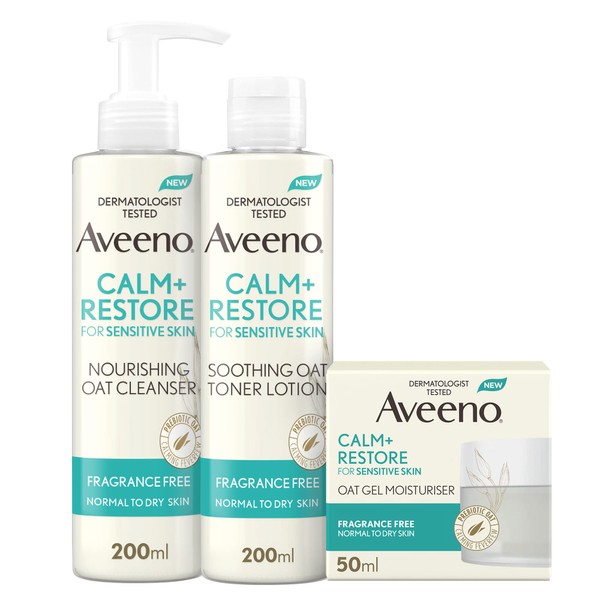 Aveeno Calm + Restore Regime Bundle set with Nourishing Oat Cleanser 200ml, Triple Oat Serum 30ml, and Oat Gel Moisturiser 50ml, Brown