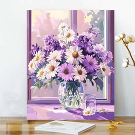 ShineSnow Daisy Purple White Flowers in Vase Art Acrylic Paint Adult Paint by Number Kits on Canvas 16x20 inch DIY Craft Kits for Adults Women Beginner Gifts Home Decoration