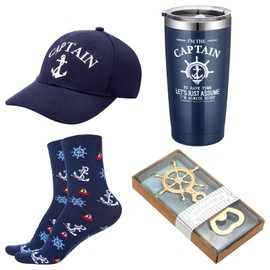 Didaey 4 Pcs Boating Gifts for Men Boat Captain Cap Captain's Hat Stainless Steel I'm Captain Tumbler Cups Rudder Nautical Beer Opener and Boats Socks Summer Father's Day Gifts for Boaters(Dark Blue)
