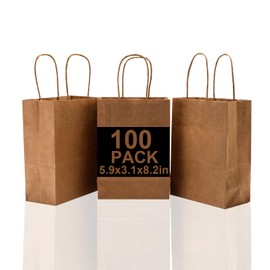 KTKDE 100Pcs Paper Bags 5.9x3.14x8.2 Gift Bags, Party Bags,Retail Bags, Shopping Bags, Merchandise Bags, Recycled Brown Kraft Paper Bags with Handles Bulk