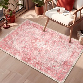 MUJOO Pink Rugs for Bedroom Girls Small Boho Area Rug Washable Rugs for Entryway Non Slip Throw Carpet for Bathroom Door Mat Shower Room Entrance Soft Light Pink Floral Home Decor 2'x3'