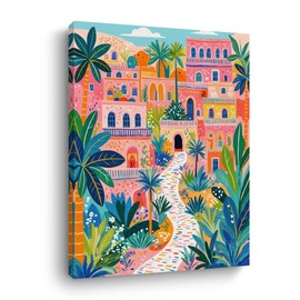 Pink Town Landscape Wall Art, Path with Palms Framed Canvas Print Modern Home Decor, Colorful Trendy Artwork Botanical Painting for Living Room Entryway Bedroom Office Decoration 15x11.4 inch