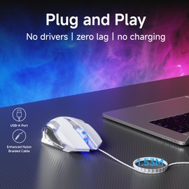 SEUNKWANG EWEADN G3 Wired Gaming Mouse, 2400 DPI Wired Optical Mouse with 6 Programmable Macro Buttons, Metal Base, 4-Color Breathing Light for PC/Laptop/Windows-White