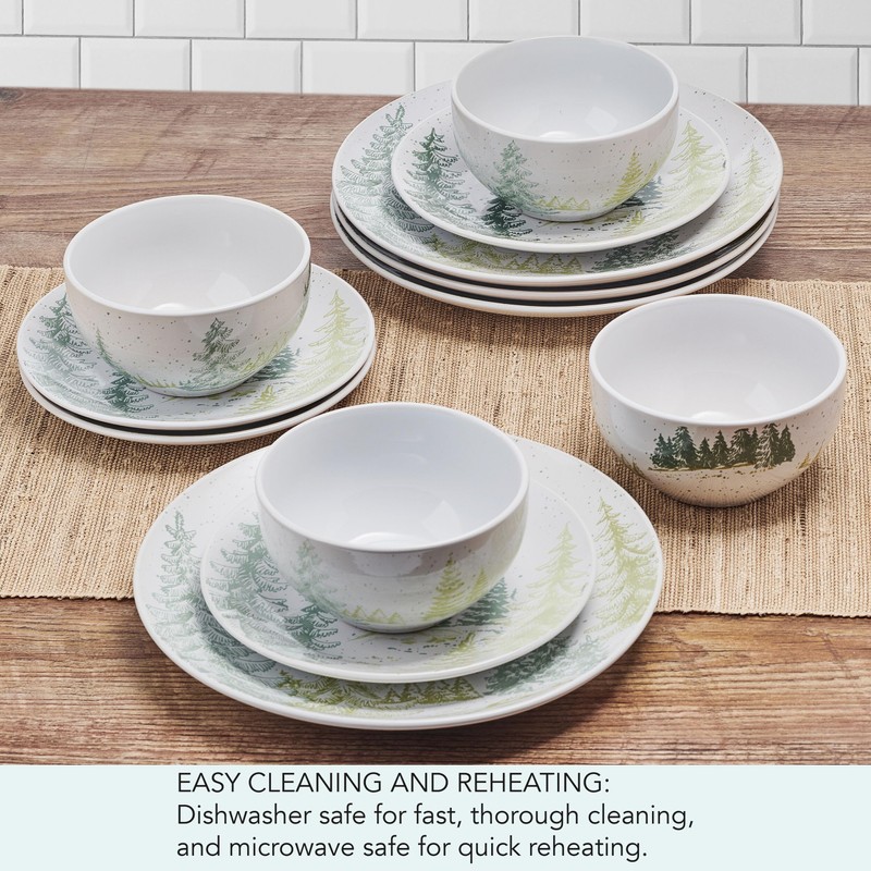 Pfaltzgraff Tranquil Trails Forest 12 Piece Dinnerware Plate Bowl Set,