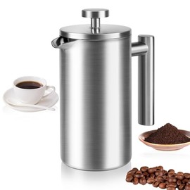 French Press 34 oz, Full Stainless Steel French Coffee Press Coffee Maker, Upgrated Double-Walled Insulated Food Grade Coffee Tea Pot, Good for Kitchen Camping, Dishwasher Safe with 2 More Filters