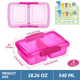 Greentainer 4 Pack Plastic Snack Containers for Kids Bento Boxs with 2 Compartments Travel Snack Container Fruits/Candies/Sandwiches Food Storage Containers with Fork,Dishwasher Safe (Colorful)