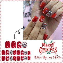 Christmas Press on Nails Short Square Glue on Nails with Cute Elk Snowflake Design Glossy Full Cover Red Fake Nails Winter Xmas False Nail Reusable Holiday Stick on Nail for Women Girls 24Pcs