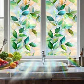 Nuxovilar Stained Glass Green Leaf Window Film, 17.7×39.4inch Gradient Leaf Pattern, PVC Static Cling for Study/Living Room Natural Decor (Sparkle)