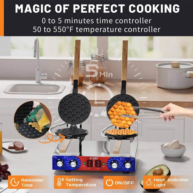 HTTSICHI Bubble Waffle Maker - Commercial Egg Waffle Maker w/Two
