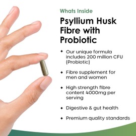 Fibre Supplement 4000mg Psyllium Husk With Probiotic Acidophilus - High Strength - Natural Soluble Fiber Supplement From Plantago Ovata Seeds, 360 Psyllium Husks capsules Vegan, Made in UK by New Leaf