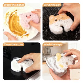 4 Pcs Cleaning Sponges, Cute Animal (Pig, Dog, cat, Panda) Patterns Kitchen Scrub Dish Sponges, Household for Cleaning Dishwasher Sponges Non Scratch Scouring Pad