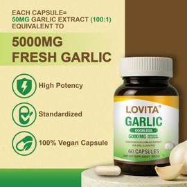 LOVITA Odorless Garlic Capsules, 5000mg Fresh Garlic Equivalent, 1.25% Allicin Extract, Supports Heart, Blood Pressure, Cholesterol & Immune System, Non-GMO, Gluten-Free, 180 Vegan Capsules