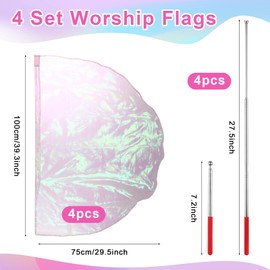 HunnmingRe 4 Set Worship Flags for Dance Praise Church Flags with 4 Pcs Scalable Rod for Girls Adults Practice Performance Semicircle Angel Wing (Iridescent White,29.5 x 39.3 Inch)