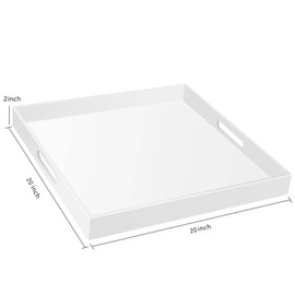 20×20 Inches Oversize Extra Large Sturdy Glossy White Acrylic Serving Tray King Size Decorative Big Ottoman Trays with Cut Out Handles Water Proof Bed Tray Coffee Counter Top Organizer