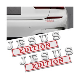 Norkmdi Jesus Edition Car Emblem Stickers, 2PCS 3D Christian Symbol Vehicle Bumper Window Badge, Waterproof Automotive Exterior Decorative Decal, Universal for SUV RV Truck (Silver/Red)