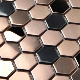 Blujellyfish Hexagon Stainless Steel Brushed Mosaic Tile Bronze Copper Color Black Bathroom Kitchen Backsplash Shower Floor Tiles Accent Mosaics Tile Sheets (5 Square Feet)