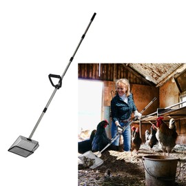 TAFALAA 10 Inch Chicken coop Scoop with Ergonomic Grip Adjustable Long Handle (22 to 62") Chicken Poop Scooper Sifting Shovel rake Stainless Steel Metal coop Scoop (M/10 INCH)