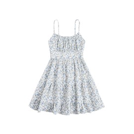 COZYEASE Girls' Floral Print Ruched Bust Ruffle Hem Sleeveless High Waist Cami Dress Boho Short Dresses Dusty Blue 13 Years