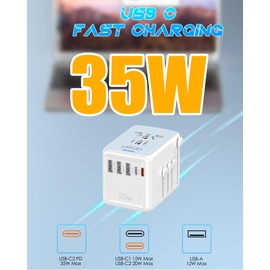 URJD Universal Travel Adapter 35W PD Fast Charging Offers 3X2.4A USB-A Ports, 2X USB-C Ports and Multi AC Outlet, International Plug Converter Worldwide Travel Charger All in One for EU US UK AUS