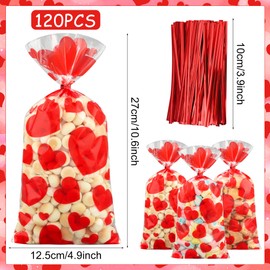 120 PCS Valentines Cellophane Treat Bags 10.6 x 5 Inch Valentine Heart Clear Candy Bag Red Hearts Plastic Goodie Bags with Twist Ties for Valentines Day Cookie Gift Bag Wedding Party Favors Supplies