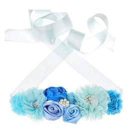 Maternity Sash Belt with Flower Bridal Rhinestone Belt for Women Wedding,Pregnant Baby Shower Party Photoshoot (Sky Blue)