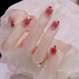 24pcs Short False Nails Square Press on Nails Red Ombre Fake Nails Red White Heart Stick on Nails Removable Glue-on Acrylic Full Cover Nails Valentines Day Women Girls Gifts Nail Art Accessories