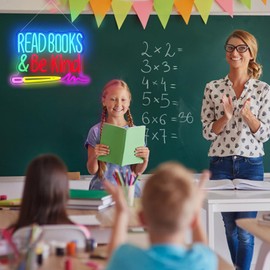Read Books and Be Kind Neon Sign, Dimmable Classroom Neon Sign Lights, LED Read Books Light up Sign for Library Decor, USB Pencil Neon Light for Kids Teachers Students, Classroom Lights (16.2"×11")