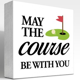 z-crange May The Course Be with You Golfing Golf Ball Wood Block Sign Desk Decor,Rustic Inspirational Wooden Box Plaque Sign Desk Decor for Home Office Shelf Table Decorations