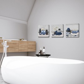 RnnJoile Spa Canvas Wall Art Zen Stone Orchid Picture Painting Navy Blue Still Life Prints for Bathroom Zen Meditation Room Decor Framed 12"x16" for Each