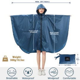 Anyoo Waterproof Rain Poncho Lightweight Reusable Hiking Hooded Coat Jacket for Outdoor Activities(Sea Blue) One Size