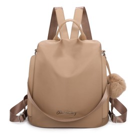 OLIVIA WONG Waterproof Theft Backpack for Women (13L), Convertible Backpack with Pompom and Removable Decorative Handle, khaki