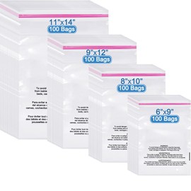 Cellophane Poly Bags Pack 400 CT Combo 6x9,8x10,9x12,11x14 inches, Clear Poly Bags with Suffocation Warning, Resealable Shipping Bag for Clothes, Packaging (OPP, 2mil, 5-13 LB, with Vent Holes)