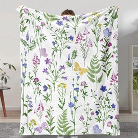 Wildflowers Throw Blanket Botanical Floral Throw Blanket Colorful Butterfly Printed Blanket Flowers Decorative Soft Warm Cozy Flannel Throw Blankets for Bedding Sofa 50"x60"
