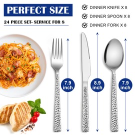 E-far 24-Piece Hammered Forks Spoons and Knives Set, Silverware Set for 8, Stainless Steel Square Flatware Set for Home Kitchen Restaurant, Mirror Polished & Dishwasher Safe