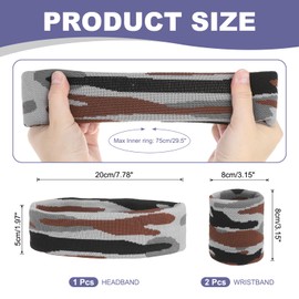 sourcing map Sweat Band Set Sports Terry Cloth Headband Wristband Set 8"x2" Moisture Wicking Sweat Absorbing Head Band for Women Men Workout Exercise (Striped Camouflage Brown/Gray)