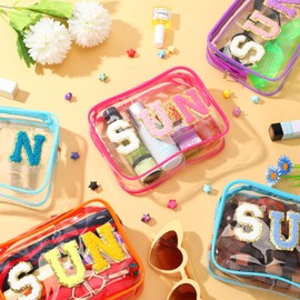 Kacctyen 8 Pcs Clear Sun Makeup Bags Bulk Waterproof Toiletry Cosmetic Zippered Organizer Summer Sunscreen Pouch with Preppy Chenille Letter Patch for Women Girls Beach Pool Vacation Gift