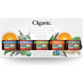 Cliganic Organic Essential Oils Set (Top 5 x 15ml) - 100% Pure Natural - Aromatherapy, Candle Making - Peppermint, Lavender, Eucalyptus, Lemongrass & Orange