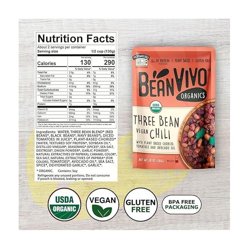 BeanVIVO Three Bean Vegan Chili – Plant-Based, Protein-Packed, Ready-to-Eat Meal