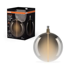 Osram Vintage 1906 Big Globe is a dimmable decorative lamp with LED filament magnet technology, offering 4.8W, 1800K, E27 fitting, smoke glass, 200mm diameter, colour rendering CRI 80
