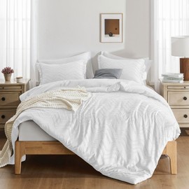 downluxe Boho Duvet Cover King - Embroidery Shabby Chic King Duvet Cover Set for All Seasons, 3 Pieces Tufted Boho Bedding, Comforter Cover with Zipper (White 01, King, 104" x 90")