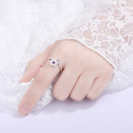 CZ Flower Open Ring for Women Girls Silver Plated Pink Purple Crystal Cute Sweet Flower Promise Statement Adjustable Cherry Blossom Leaf Finger Birthday Wedding Chic Jewelry Anniversary (Purple CZ)