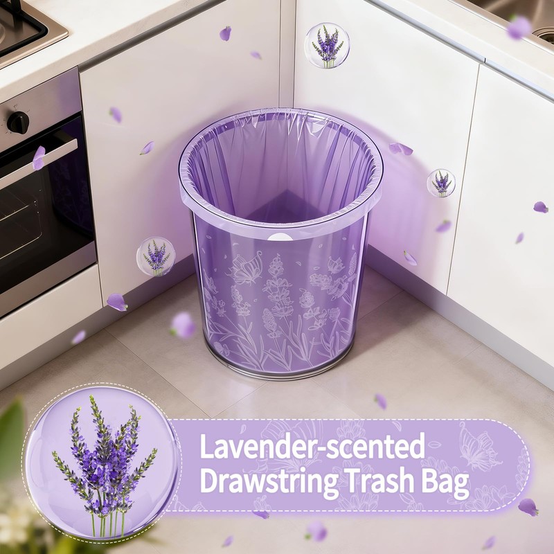 4 Gallon 400PCS Lavender Scented Drawstring Trash Bags,Floral Printed Design,Thick