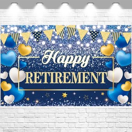 FHGG Happy Retirement Party Backdrop Banner Decorations Blue Gold Large Background for Men Women Retirement Party Yard Supplies Sign 70.8 x 43.3 Inch