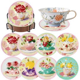 8 Pieces Diamond Art Coaster Kit with Holder DIY Saucer Flower Diamond Art Coaster Gifts 5d Diamond Dot Coaster for Beginners Adults Kids Art Table Home Craft Gift Supplies