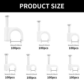 XNJIHWA 700Pcs Cable Clips Wall Wire Clips White Cable Tidy Clips Round Flat with Steel Nails 4mm 5mm 6mm 8mm 10mm for Organizing Electric Wires Cables Line TV