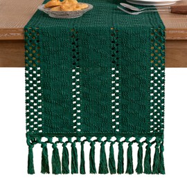 Socomi Fall Boho Table Runner Macrame 48 Inches Woven Cotton Linen Rustic Table Runner with Handmade Tassels for Home Decor Dining Fall Thanksgiving Christmas 12x48 inches Emerald Green